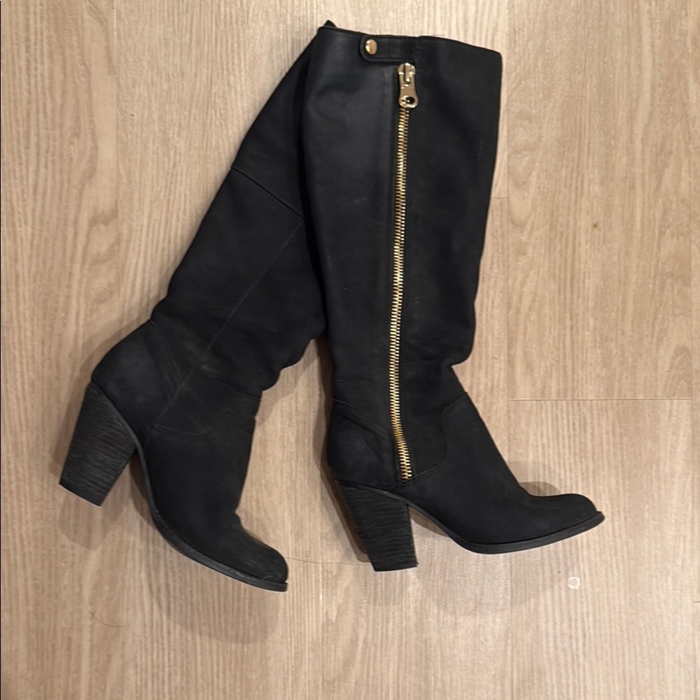Black Knee-High Boots with Gold Zipper